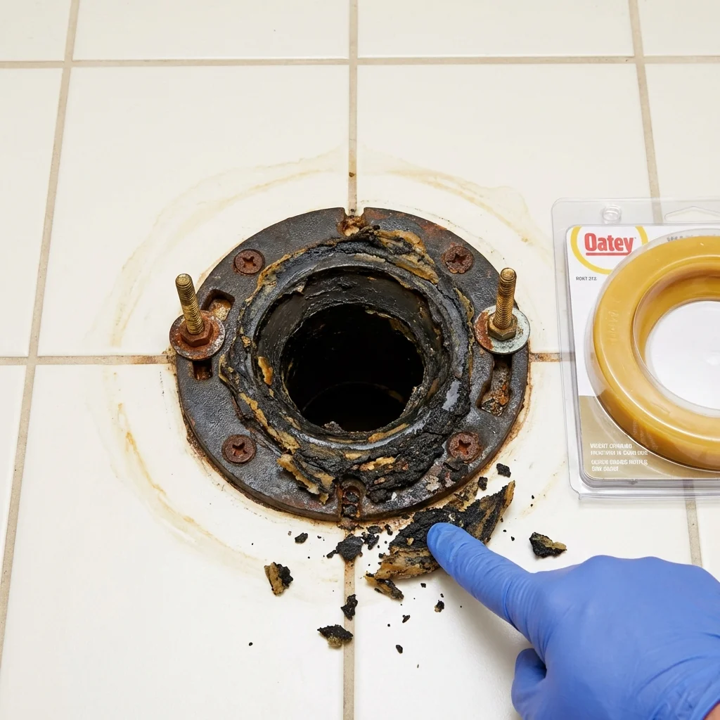 Failed wax ring showing water seepage at the base of a toilet in a Bradley, WV home