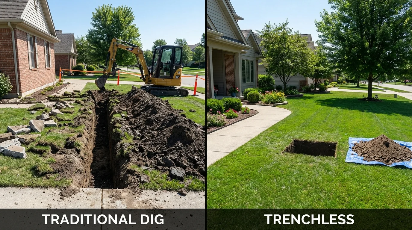 Trenchless sewer repair with minimal yard damage versus traditional excavation in Bradley, WV