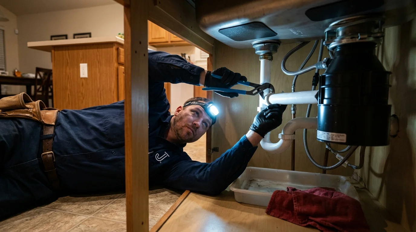 P-trap and supply line connections under a kitchen sink showing a common leak point in Bradley, WV